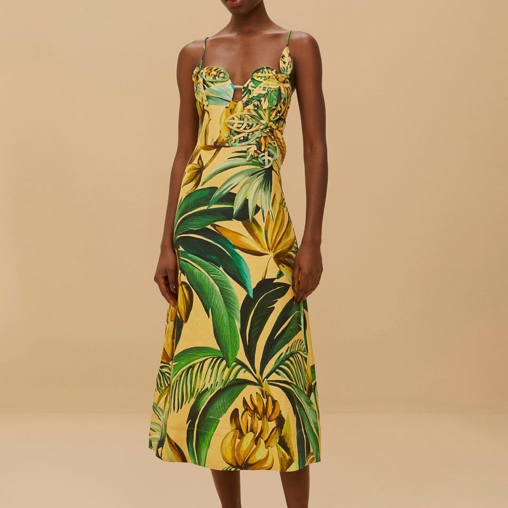 FARM Rio Yellow Bananart 3d Bodice Midi Dress - NWT
